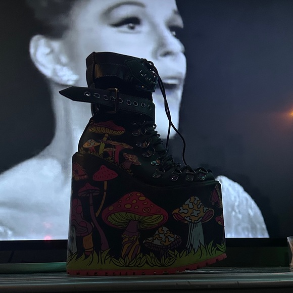 Dolls kill Black Platform Boots with Mushroom Design